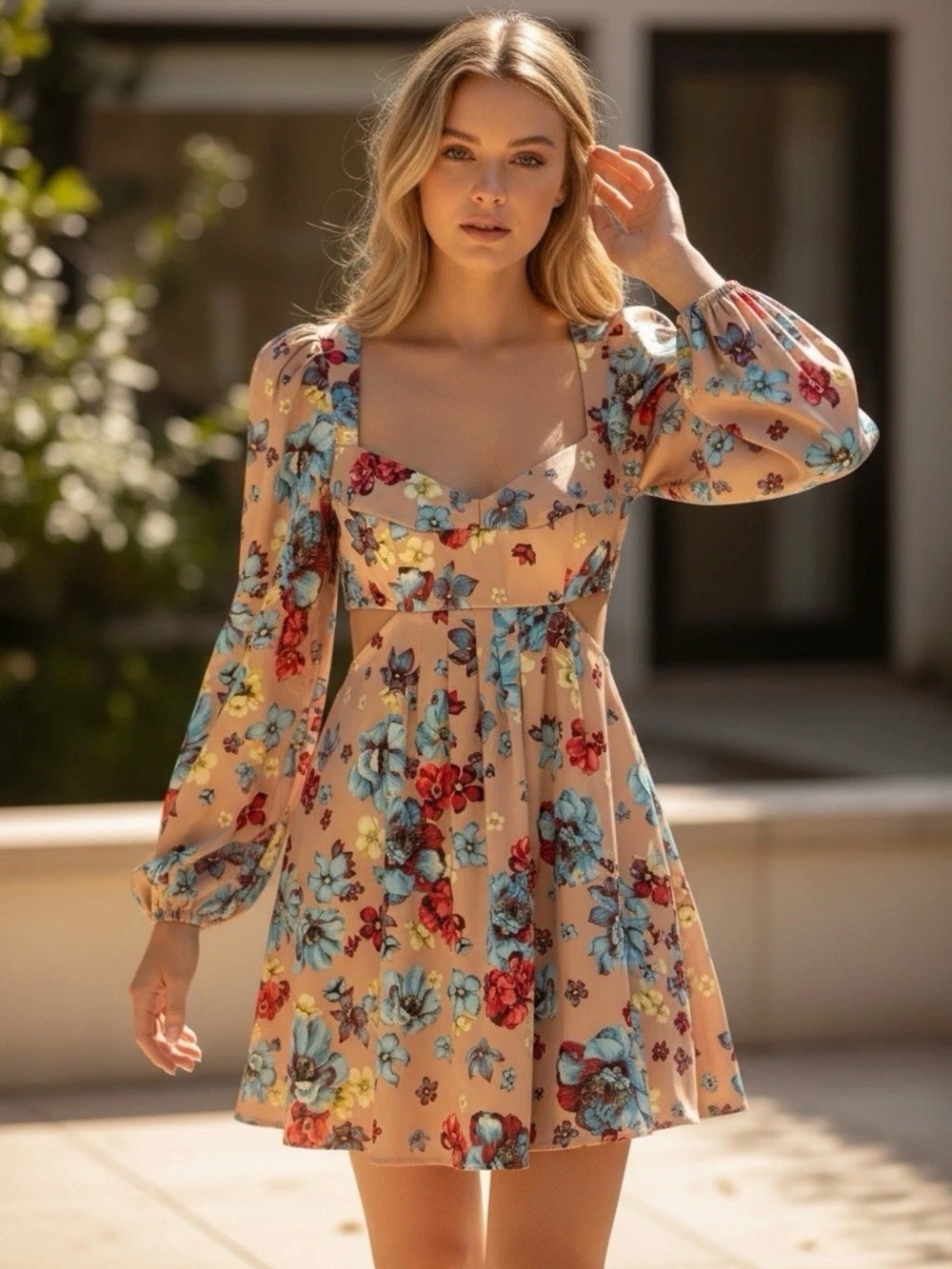 AFRM Anita Babydoll Mini Dress in Aqua Bouquet Sz Small Floral Boho Cottagecore